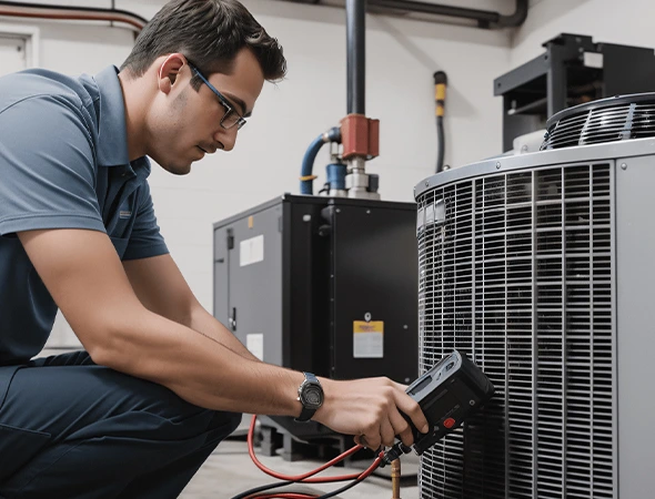 Expert technician with glasses performing HVAC unit troubleshooting to ensure efficient system performance.