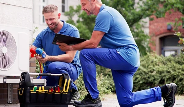 Affordable HVAC Services in Quebec Two technicians performing HVAC service with gauge and checklist to ensure system efficiency and safety.